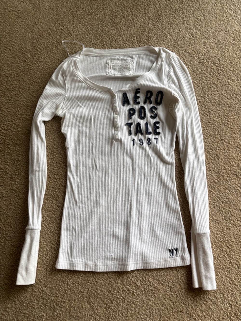 Aeropostale White Ribbed Henley Long Sleeve Top with Navy Logo